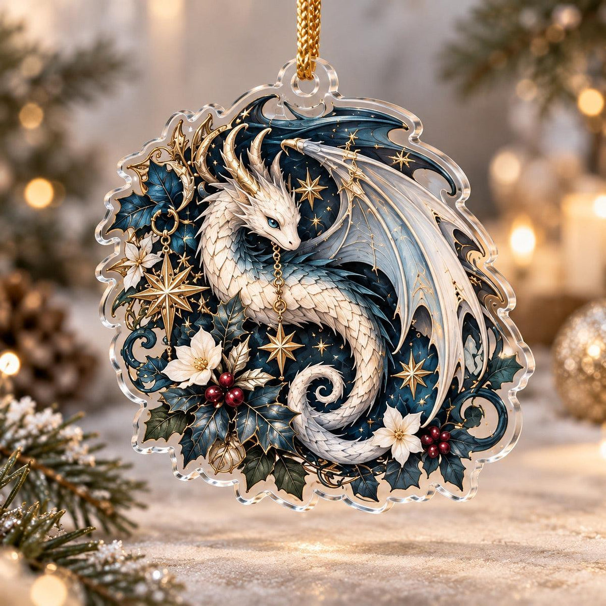 Dragon Familiar Gothic Acrylic Ornament Set – Witchy Yule Decor – Starlit Holly Dragon ornament
