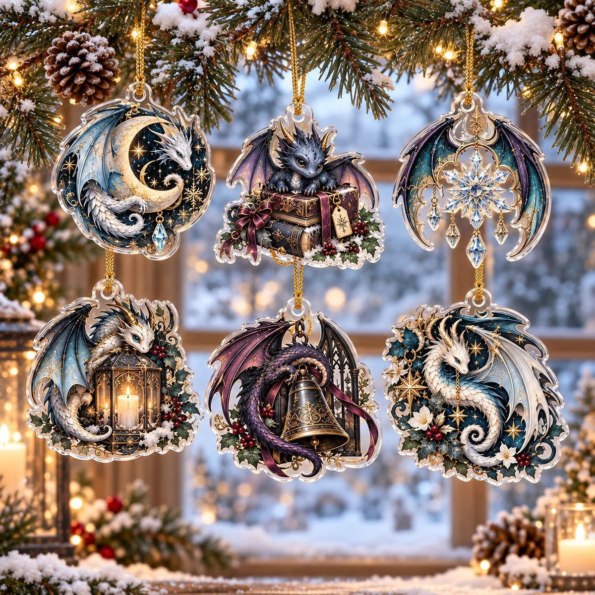 Dragon Familiar Gothic Acrylic Ornament Set – Witchy Yule Decor – set of 6 acrylic ornaments