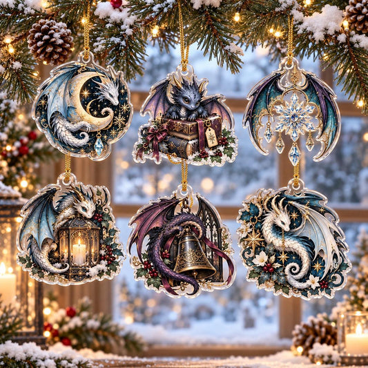 Dragon Familiar Gothic Acrylic Ornament Set – Witchy Yule Decor – set of 6 acrylic ornaments