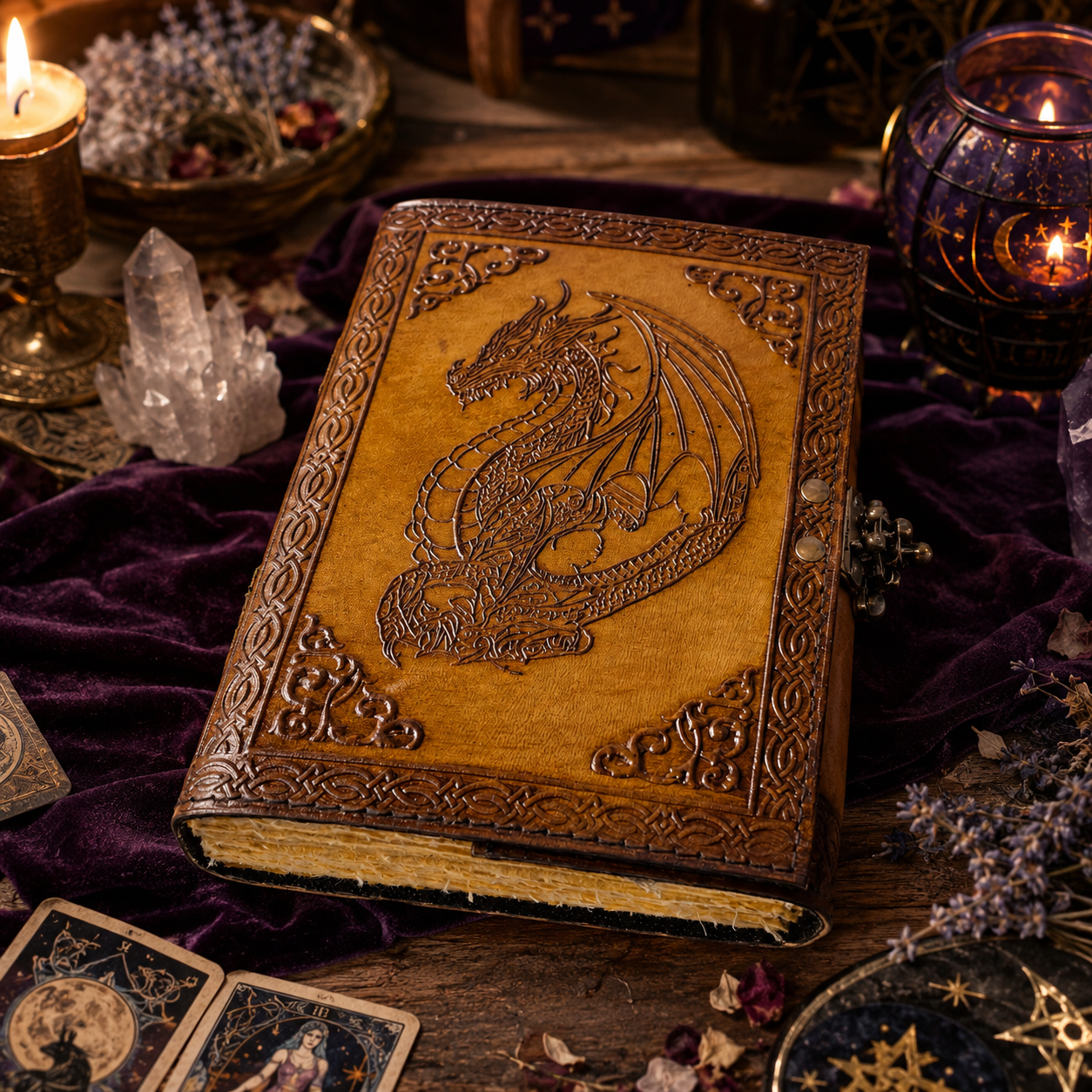 Dragon leather journal with brass lock – handmade book of shadows grimoire, antique clasp, deckle pages, view 3