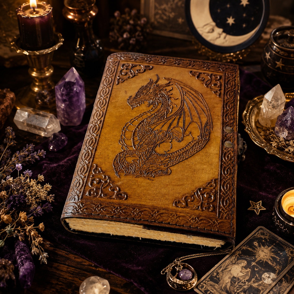 Dragon leather journal with brass lock – handmade book of shadows grimoire, antique clasp, deckle pages, view 4