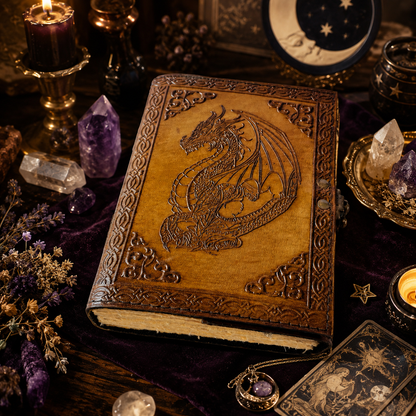 Dragon leather journal with brass lock – handmade book of shadows grimoire, antique clasp, deckle pages, view 4