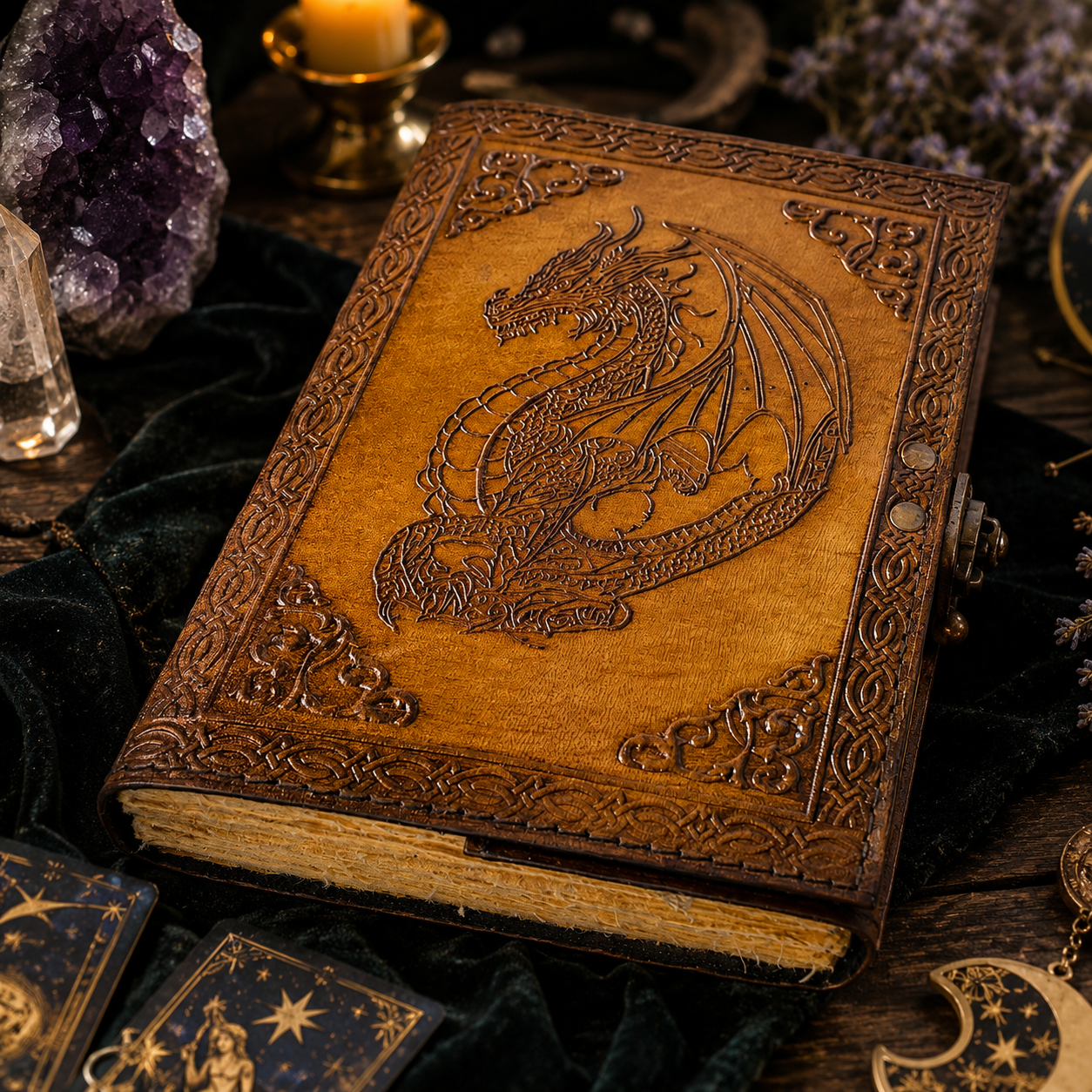 Dragon leather journal with brass lock – handmade book of shadows grimoire, antique clasp, deckle pages, view 1