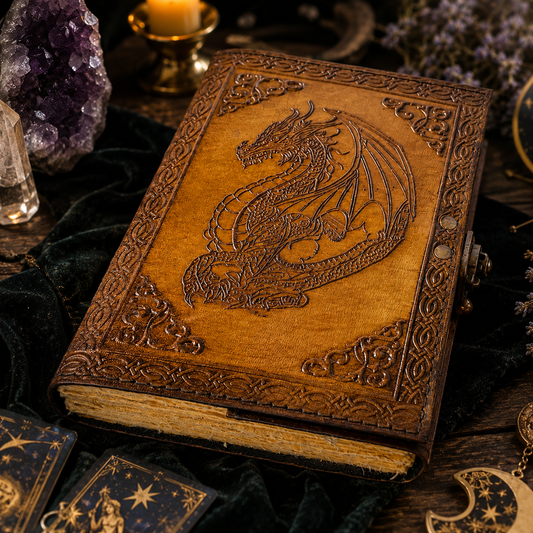 Dragon leather journal with brass lock – handmade book of shadows grimoire, antique clasp, deckle pages, view 1