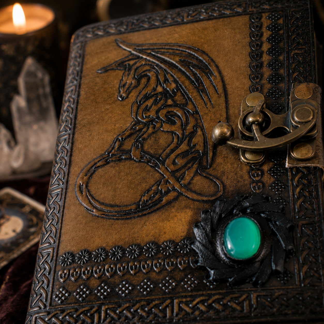 Dragon leather journal with stone clasp – handmade witch grimoire book of shadows, natural stone lock, view 2