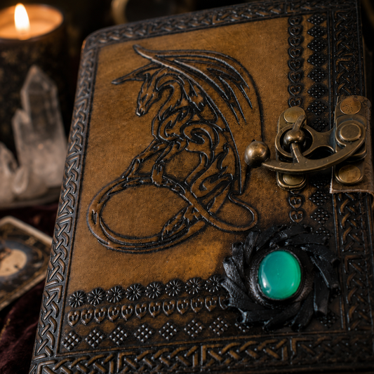 Dragon leather journal with stone clasp – handmade witch grimoire book of shadows, natural stone lock, view 2
