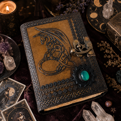 Dragon leather journal with stone clasp – handmade witch grimoire book of shadows, natural stone lock, view 3