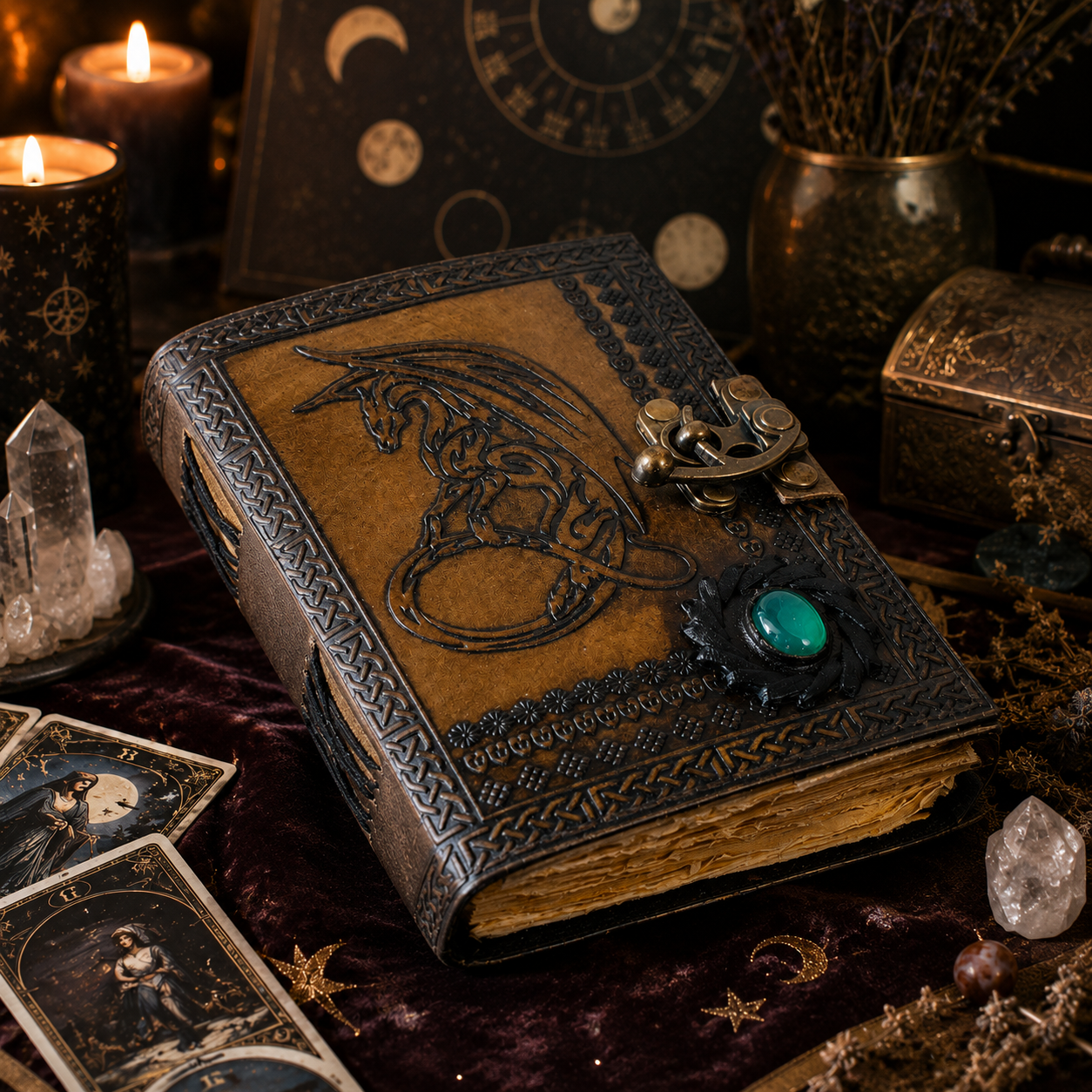 Dragon leather journal with stone clasp – handmade witch grimoire book of shadows, natural stone lock, view 5