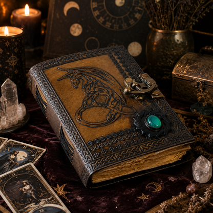 Dragon leather journal with stone clasp – handmade witch grimoire book of shadows, natural stone lock, view 5