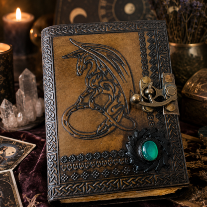 Dragon leather journal with stone clasp – handmade witch grimoire book of shadows, natural stone lock, view 1