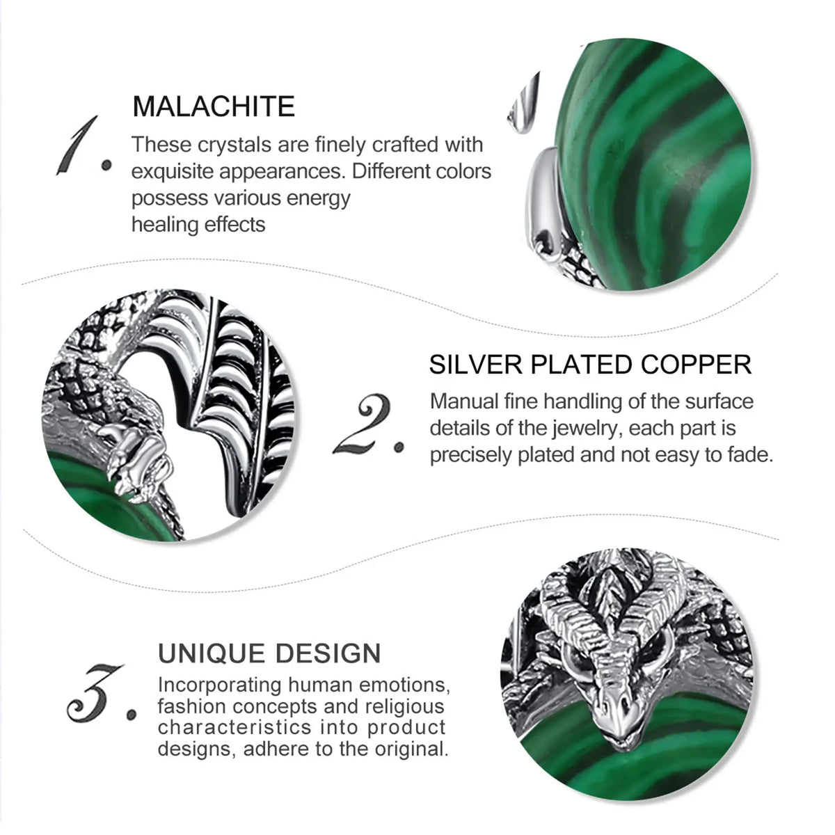 Dragon and malachite material detail graphic: Dragon Malachite Ball Pendant Necklace, featuring a winged dragon holding a round malachite stone.