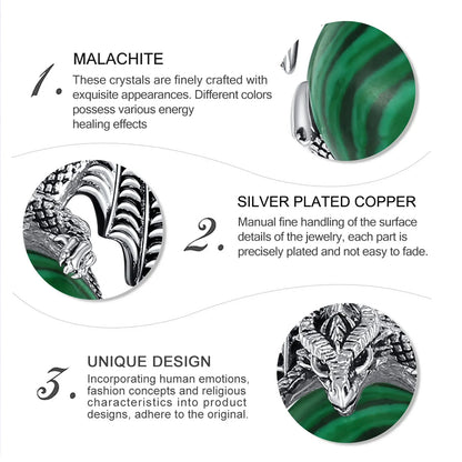 Dragon and malachite material detail graphic: Dragon Malachite Ball Pendant Necklace, featuring a winged dragon holding a round malachite stone.