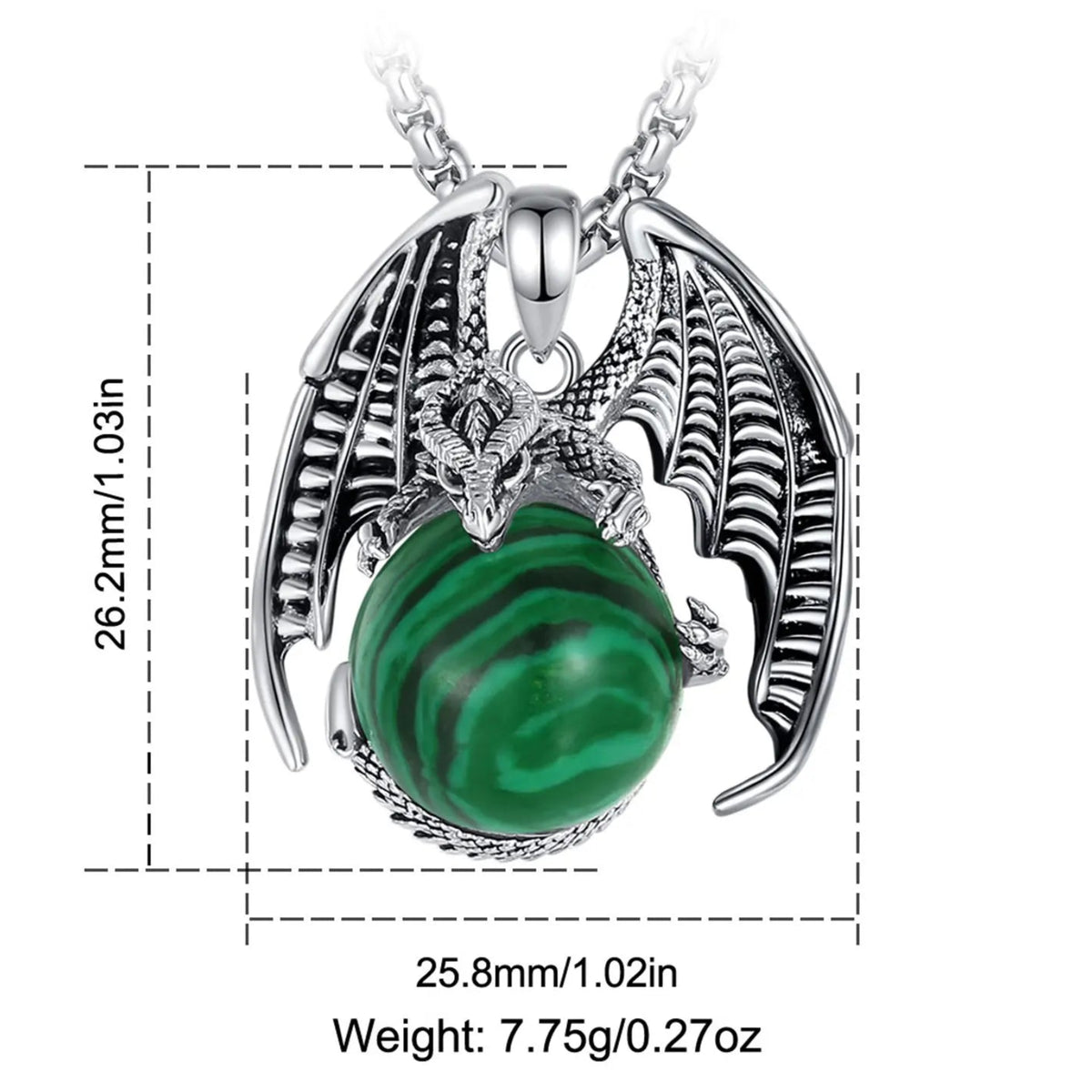 Pendant measurement diagram: Dragon Malachite Ball Pendant Necklace, featuring a winged dragon holding a round malachite stone.