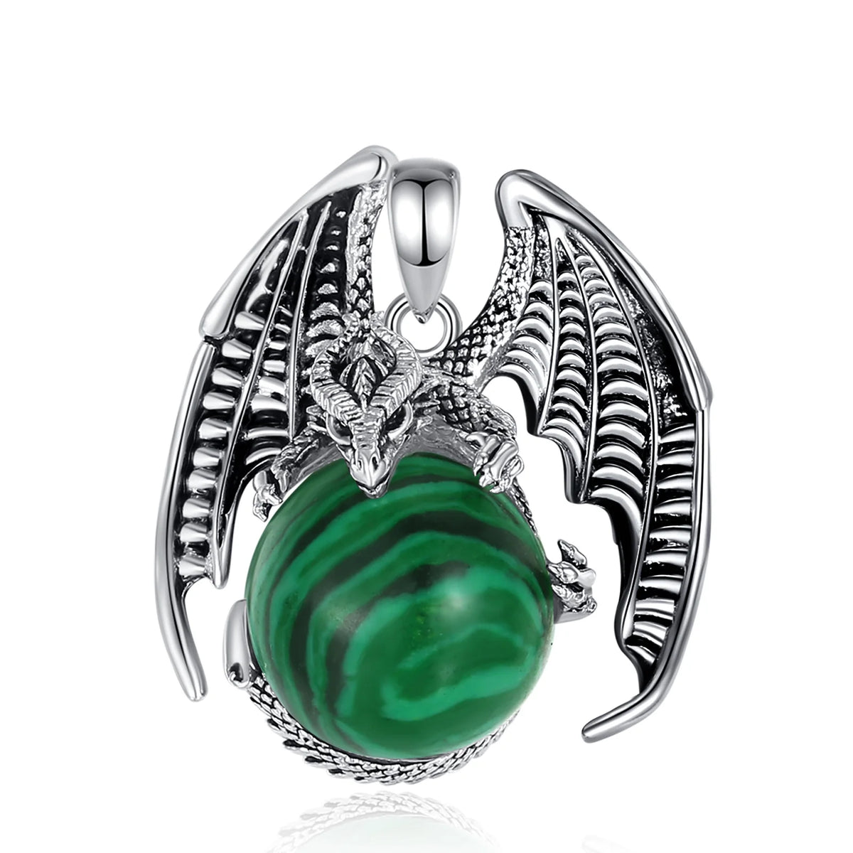 Pendant front view: Dragon Malachite Ball Pendant Necklace, featuring a winged dragon holding a round malachite stone.
