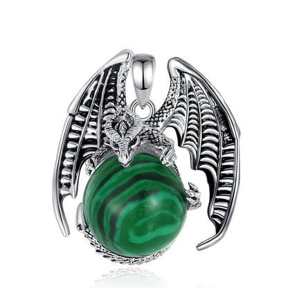 Pendant front view: Dragon Malachite Ball Pendant Necklace, featuring a winged dragon holding a round malachite stone.