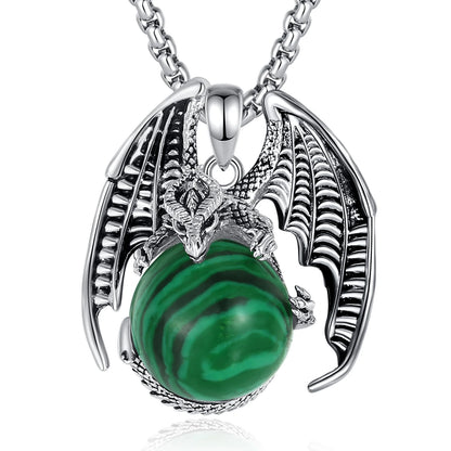 Dragon and malachite pendant product view: Dragon Malachite Ball Pendant Necklace, featuring a winged dragon holding a round malachite stone.