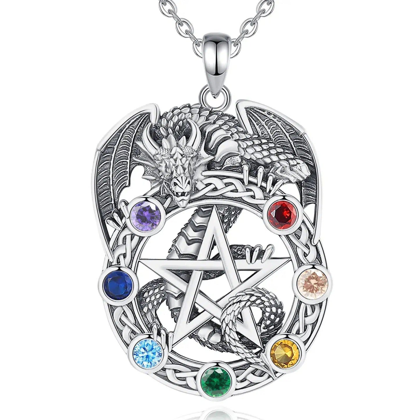 Silver dragon pentacle necklace with 7 chakra-colored stones.