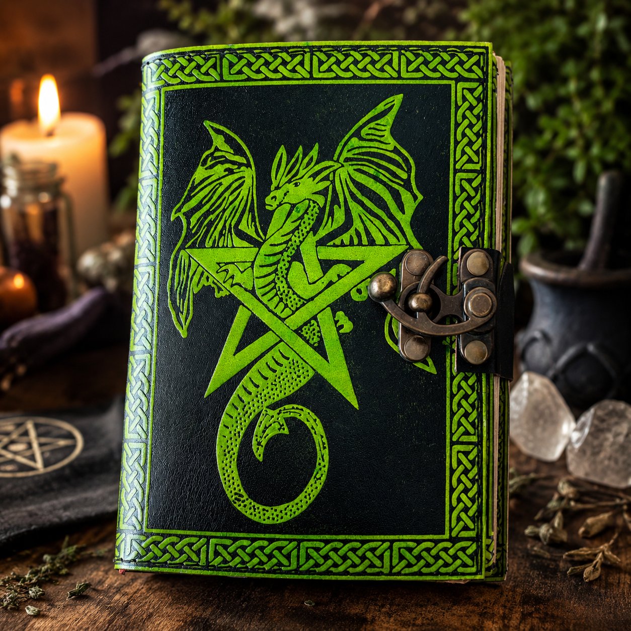 Dragon Pentagram Leather Journal – Handmade Wiccan Grimoire Book of Shadows – leather journal, back cover view