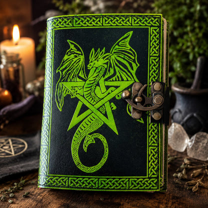 Dragon Pentagram Leather Journal – Handmade Wiccan Grimoire Book of Shadows – leather journal, back cover view