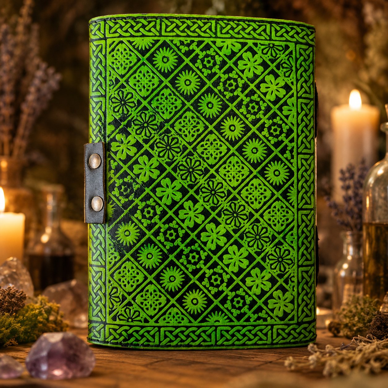 Dragon Pentagram Leather Journal – Handmade Wiccan Grimoire Book of Shadows – leather journal, open blank pages view