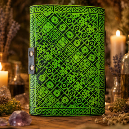 Dragon Pentagram Leather Journal – Handmade Wiccan Grimoire Book of Shadows – leather journal, open blank pages view