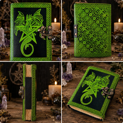 Dragon Pentagram Leather Journal – Handmade Wiccan Grimoire Book of Shadows – leather journal, close-up cover detail