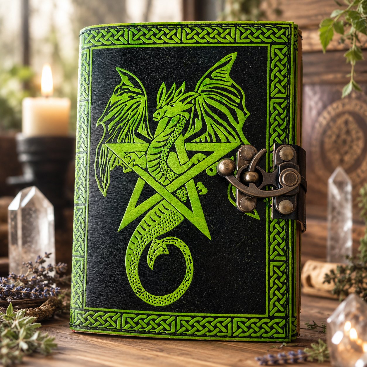 Dragon Pentagram Leather Journal – Handmade Wiccan Grimoire Book of Shadows – leather journal, front cover view