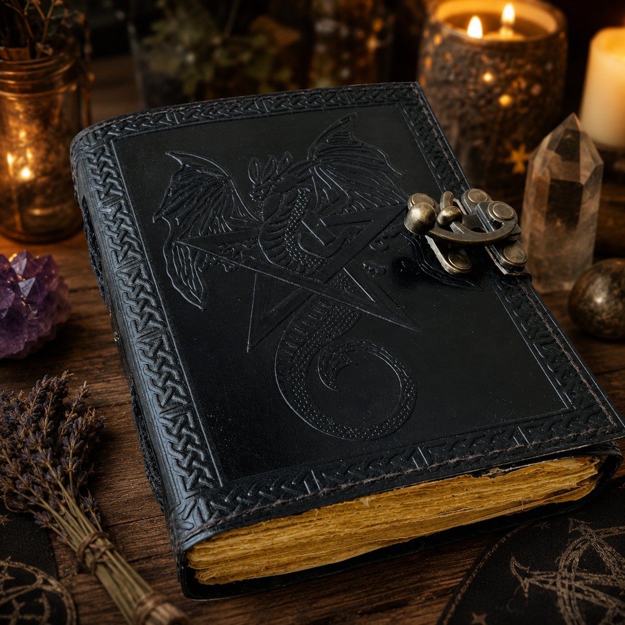 Dragon Pentagram Star Leather Journal with Lock – Vintage Witch Grimoire – leather journal, back cover view