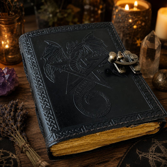 Dragon Pentagram Star Leather Journal with Lock – Vintage Witch Grimoire – leather journal, back cover view
