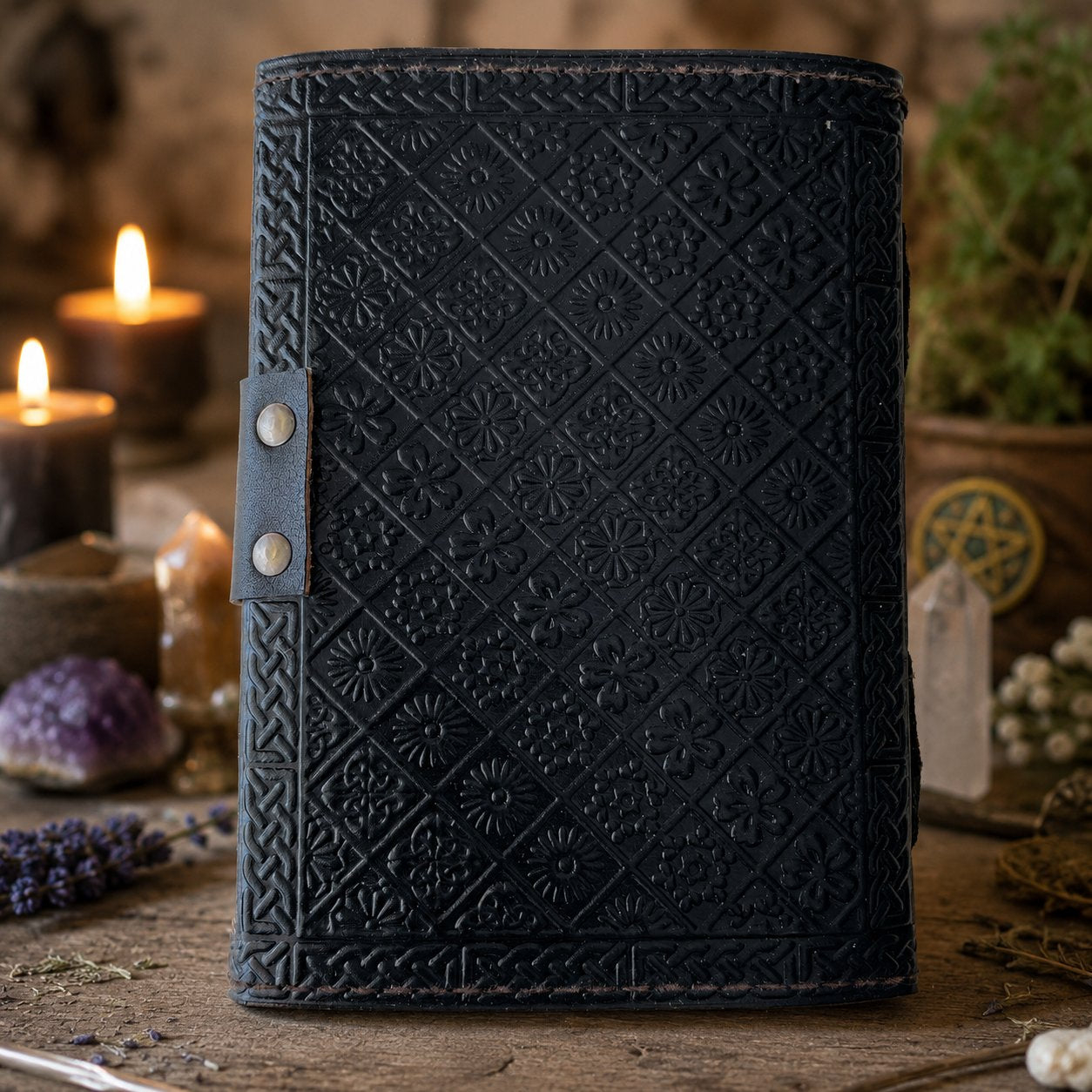 Dragon Pentagram Star Leather Journal with Lock – Vintage Witch Grimoire – leather journal, open blank pages view
