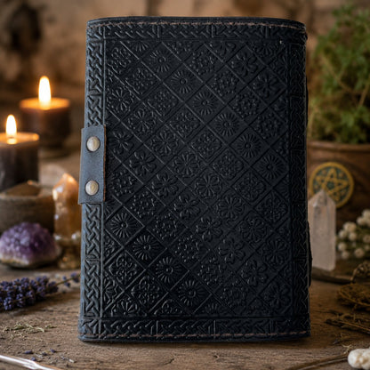 Dragon Pentagram Star Leather Journal with Lock – Vintage Witch Grimoire – leather journal, open blank pages view