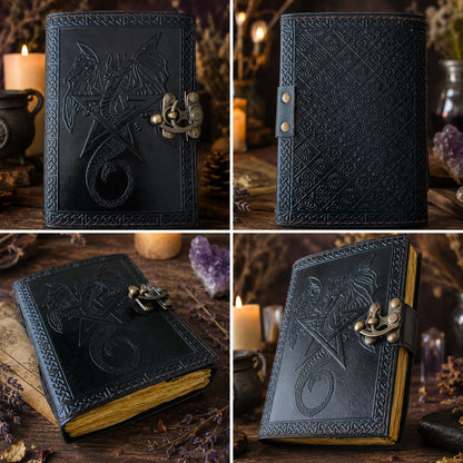 Dragon Pentagram Star Leather Journal with Lock – Vintage Witch Grimoire – leather journal, close-up cover detail