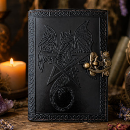 Dragon Pentagram Star Leather Journal with Lock – Vintage Witch Grimoire – leather journal, front cover view