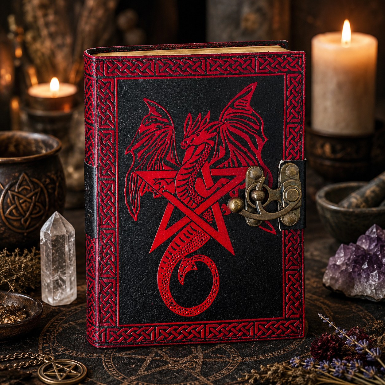 Dragon star pentagram leather journal with lock – witch grimoire book of shadows, antique clasp, view 2