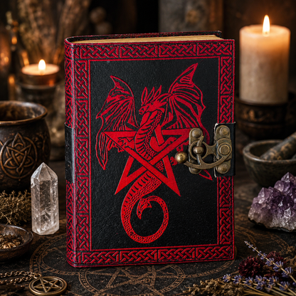 Dragon star pentagram leather journal with lock – witch grimoire book of shadows, antique clasp, view 2
