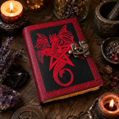 Dragon star pentagram leather journal with lock – witch grimoire book of shadows, antique clasp, view 3
