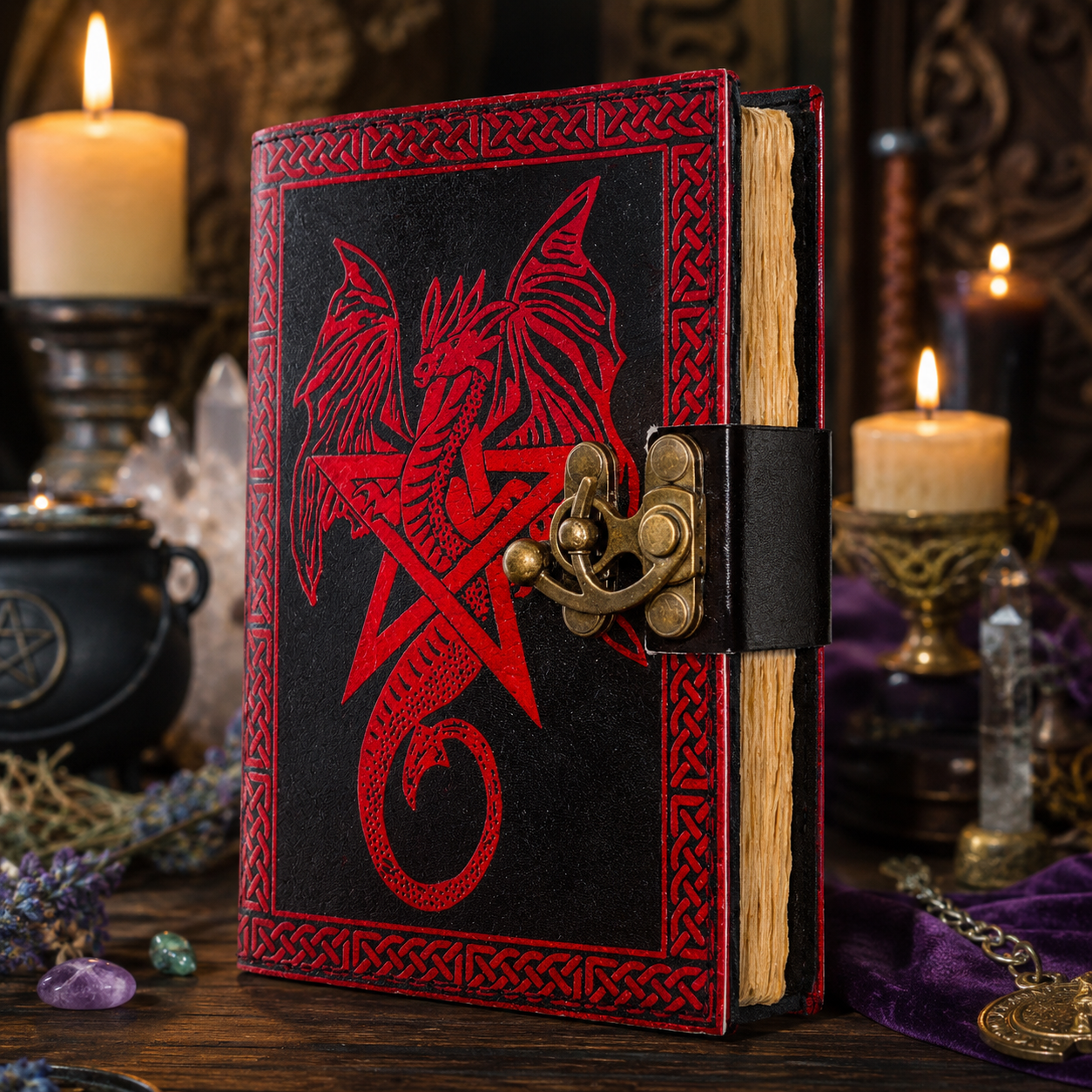 Dragon star pentagram leather journal with lock – witch grimoire book of shadows, antique clasp, view 4