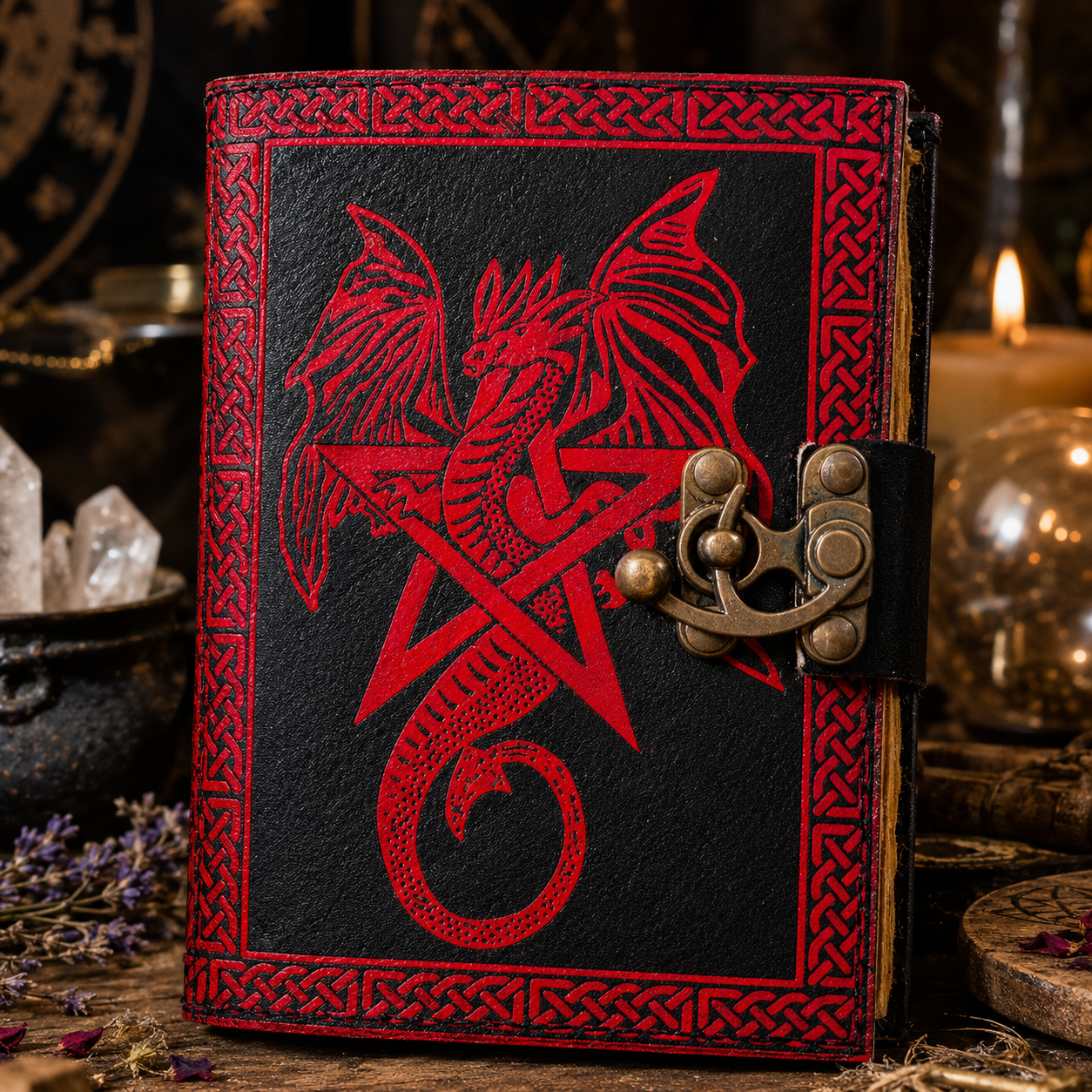 Dragon star pentagram leather journal with lock – witch grimoire book of shadows, antique clasp, view 1