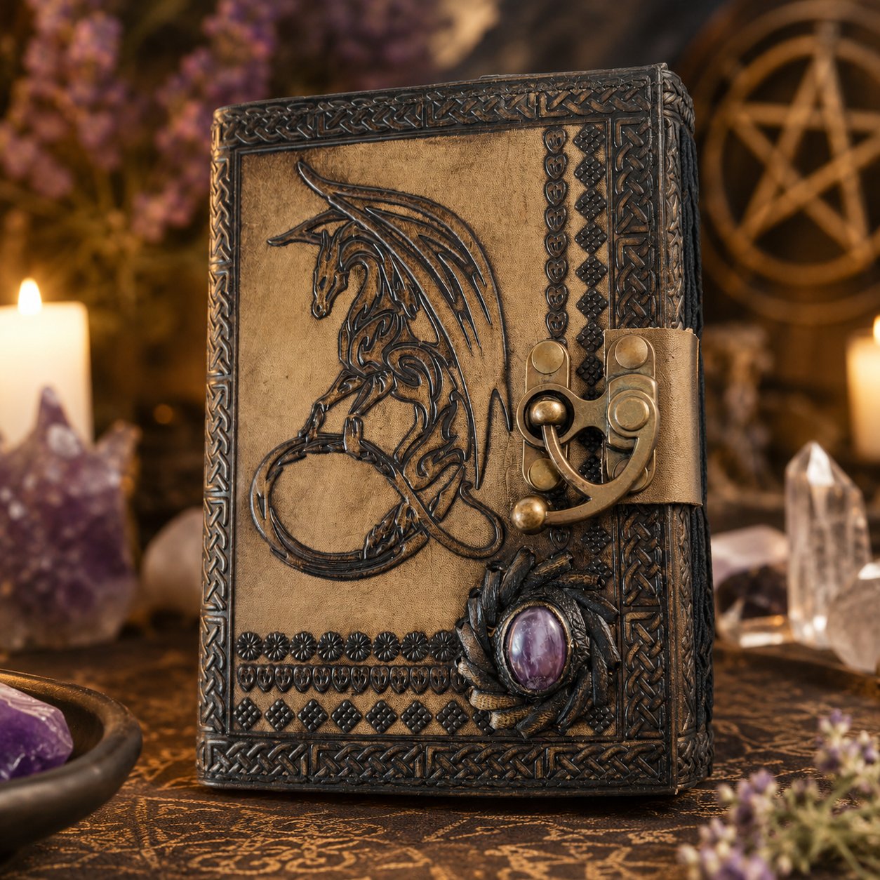 Dragon Stone Leather Journal – Handmade Witch Grimoire Book of Shadows – leather journal, back cover view