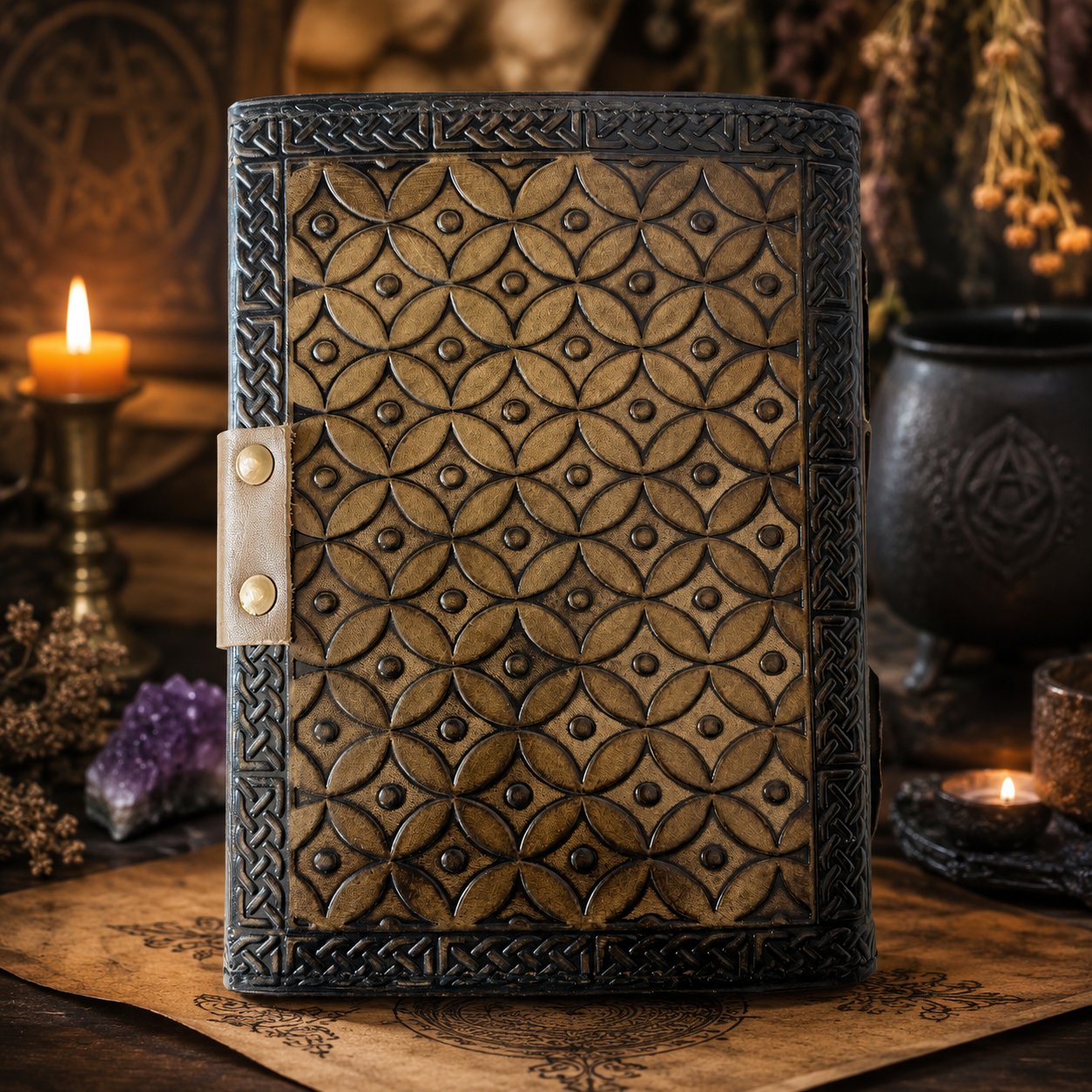 Dragon Stone Leather Journal – Handmade Witch Grimoire Book of Shadows – leather journal, open blank pages view