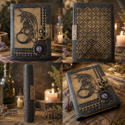 Dragon Stone Leather Journal – Handmade Witch Grimoire Book of Shadows – leather journal, close-up cover detail