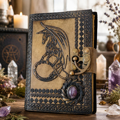 Dragon Stone Leather Journal – Handmade Witch Grimoire Book of Shadows – leather journal, front cover view