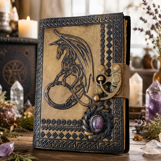 Dragon Stone Leather Journal – Handmade Witch Grimoire Book of Shadows – leather journal, front cover view