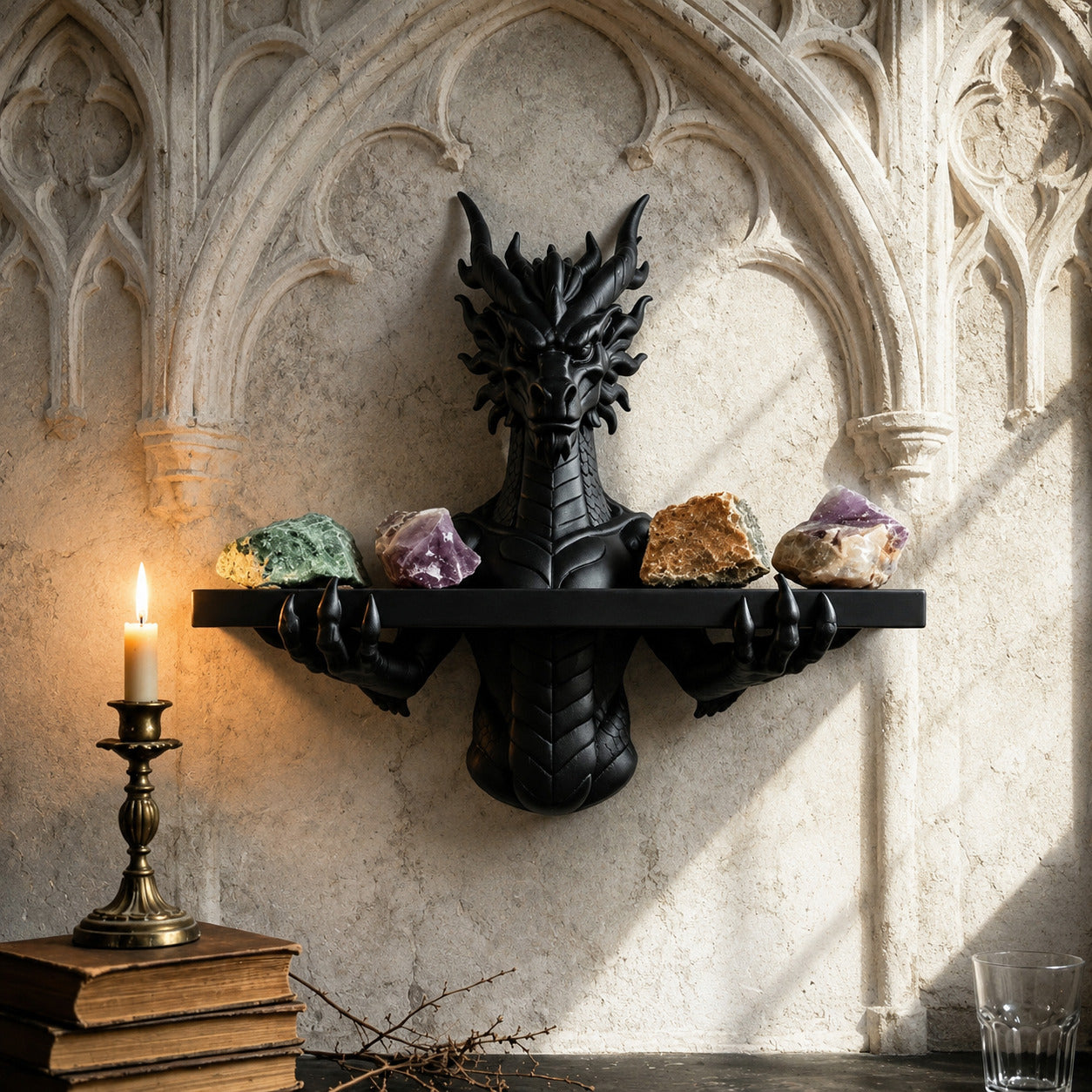 Dragon Wall Mount Shelf Gothic Resin Crystal and Incense Rack-MoonChildWorld