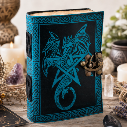 Dragon and pentagram leather journal – handmade witch grimoire book of shadows, dual symbols, view 2