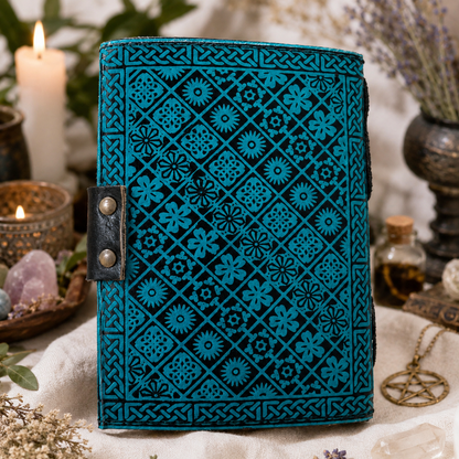 Dragon and pentagram leather journal – handmade witch grimoire book of shadows, dual symbols, view 3