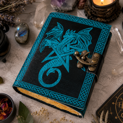 Dragon and pentagram leather journal – handmade witch grimoire book of shadows, dual symbols, view 4