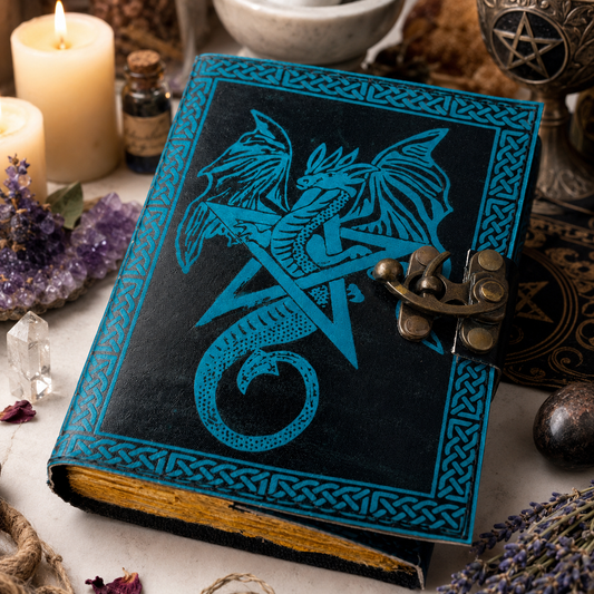 Dragon and pentagram leather journal – handmade witch grimoire book of shadows, dual symbols, view 1