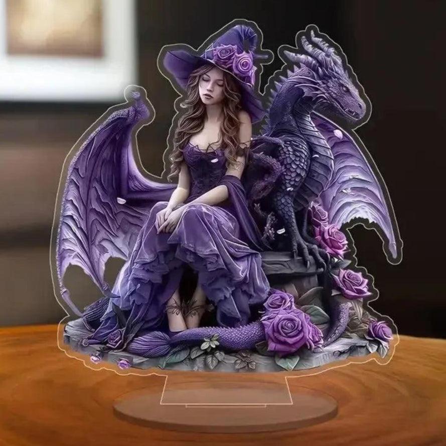 Dragon and Witch Acrylic Decorative Plaque Desktop Decor Witchy Table Ornament-MoonChildWorld