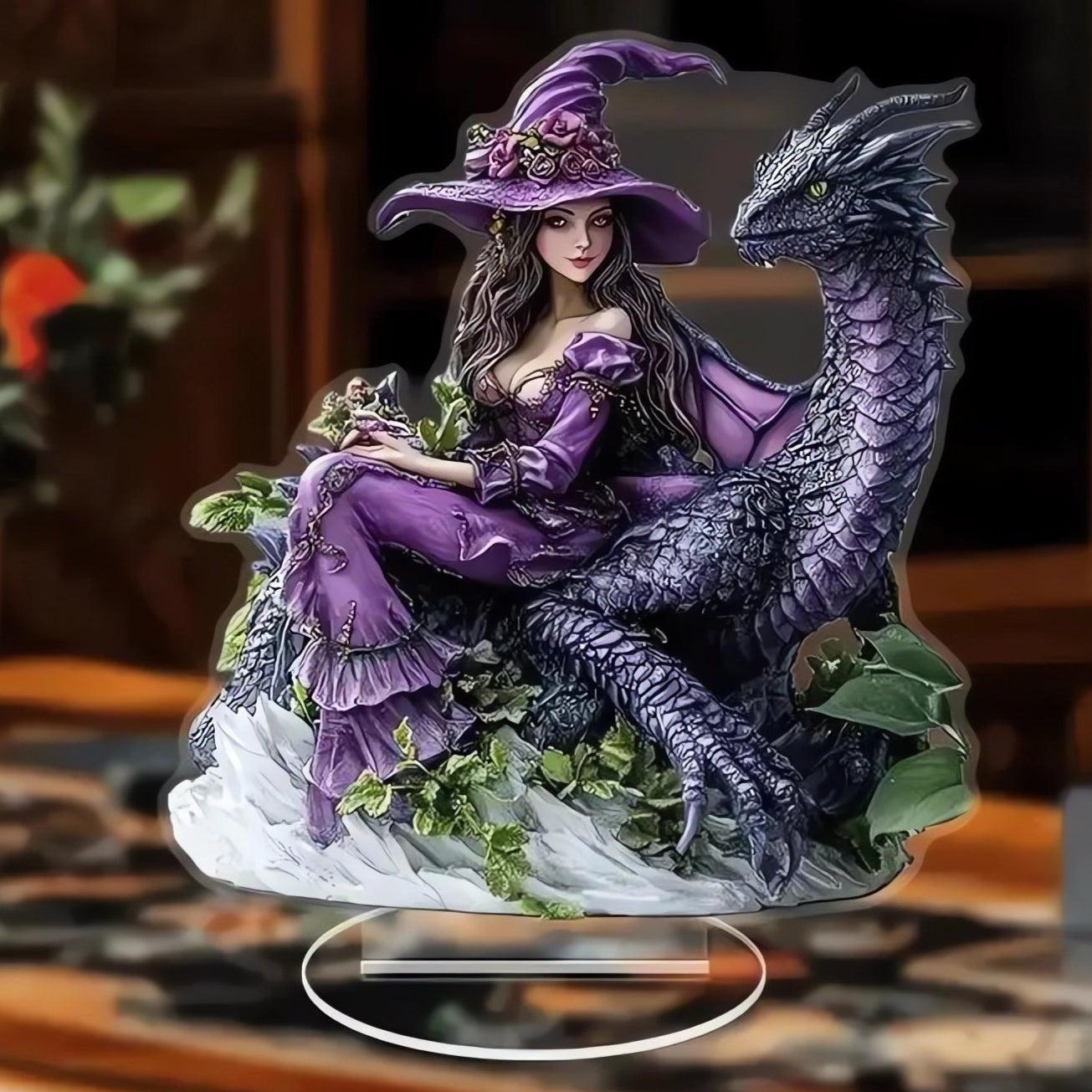 Dragon and Witch Acrylic Decorative Plaque Desktop Decor Witchy Table Ornament-MoonChildWorld